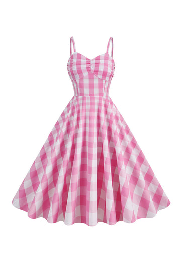 Spaghetti Straps Plaid Pink 1950s Dress